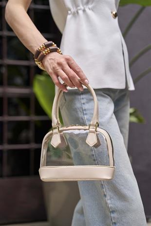 Şeffaf Mini El ve Omuz  Çantası Krem