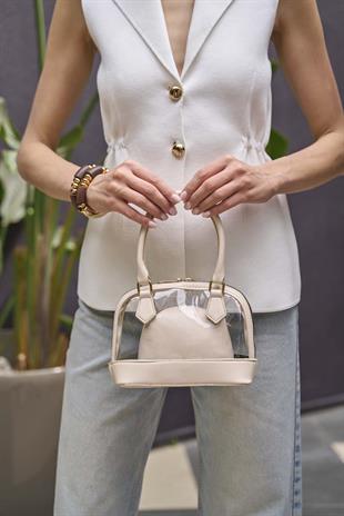 Şeffaf Mini El ve Omuz  Çantası Krem