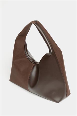 Kadın Kahverengi Süet ve PU Deri Kontrast Shopper Omuz Çantası – Yumuşak Form Vintage Model