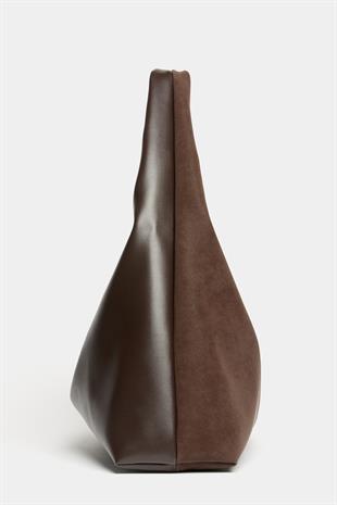 Kadın Kahverengi Süet ve PU Deri Kontrast Shopper Omuz Çantası – Yumuşak Form Vintage Model