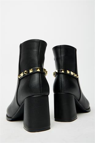 Siyah Gold Zımba Detaylı Blok Topuk Modern Bot Günlük - Şık