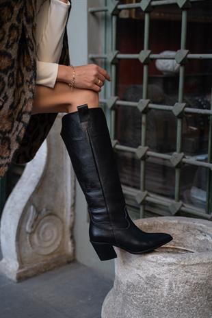 Gerçek Deri Topuklu Ve İşlemeli Kovboy Çizme Siyah