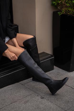 Taş Detaylı Uzun Deri Kadın Çizme Siyah