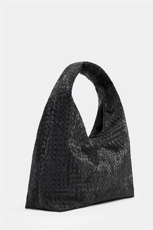 Siyah Örgü Desenli Süet Görünümlü Deri Kadın Shopper Omuz Çantası – Yumuşak Form Vintage Model