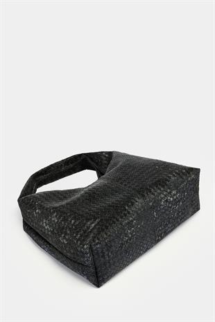 Siyah Örgü Desenli Süet Görünümlü Deri Kadın Shopper Omuz Çantası – Yumuşak Form Vintage Model