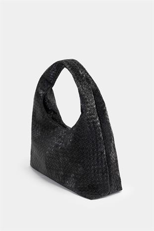 Siyah Örgü Desenli Süet Görünümlü Deri Kadın Shopper Omuz Çantası – Yumuşak Form Vintage Model