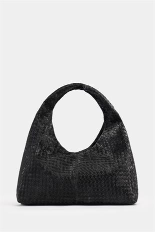 Siyah Örgü Desenli Süet Görünümlü Deri Kadın Shopper Omuz Çantası – Yumuşak Form Vintage Model