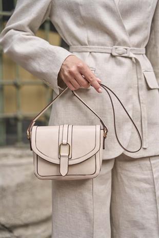 Tokalı Deri Görünümlü Mini  El ve Omuz Çantası Krem