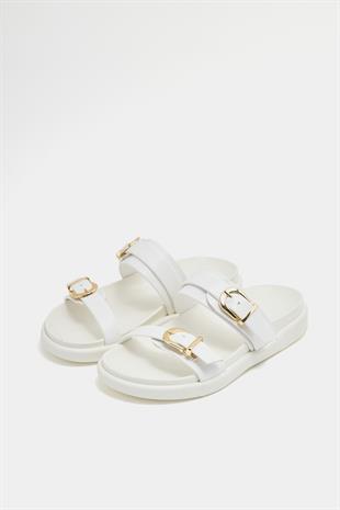 Trend Çift Tokalı Terlik Beyaz