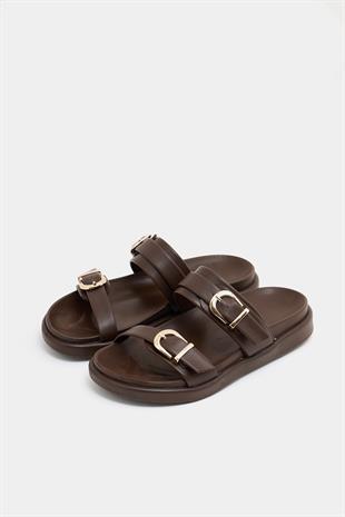 Trend Çift Tokalı Terlik Kahverengi