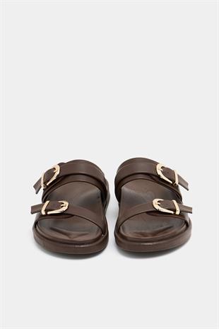 Trend Çift Tokalı Terlik Kahverengi