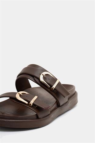 Trend Çift Tokalı Terlik Kahverengi