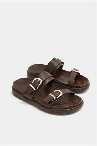 Trend Çift Tokalı Terlik Kahverengi
