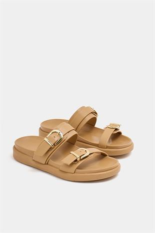 Trend Çift Tokalı Terlik Vizon