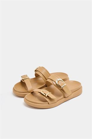 Trend Çift Tokalı Terlik Vizon