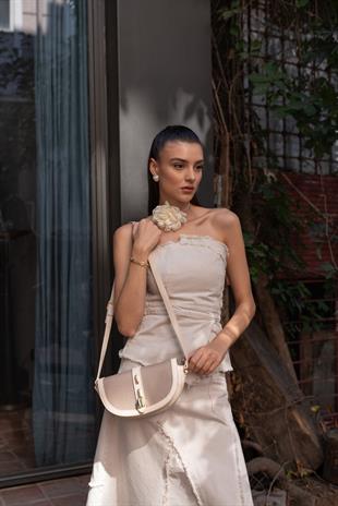 Diva Kontrast Tasarım Çapraz Askılı Kadın Çanta - Vizon