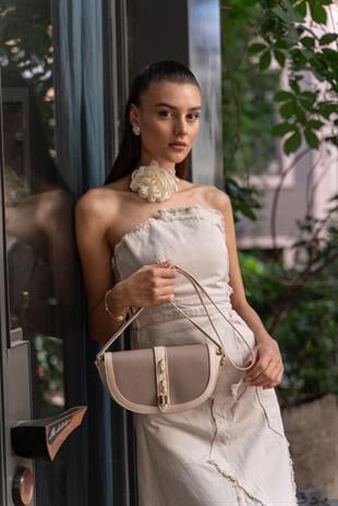 Diva Kontrast Tasarım Çapraz Askılı Kadın Çanta - Vizon