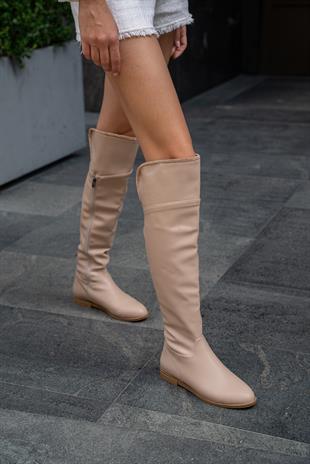 Taş Detaylı Uzun Deri Kadın Çizme Vizon