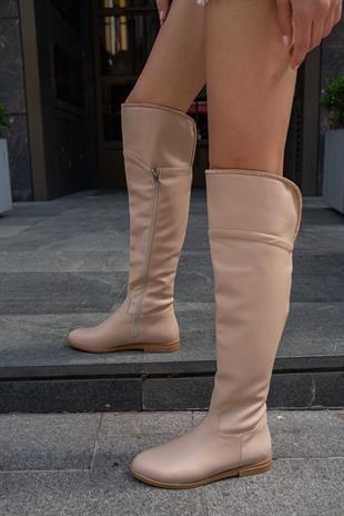 Taş Detaylı Uzun Deri Kadın Çizme Vizon