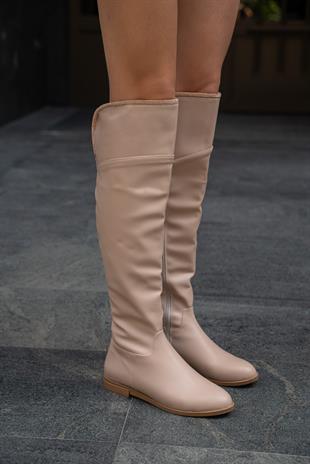 Taş Detaylı Uzun Deri Kadın Çizme Vizon