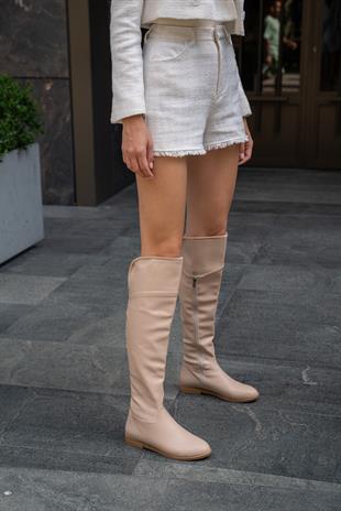 Taş Detaylı Uzun Deri Kadın Çizme Vizon