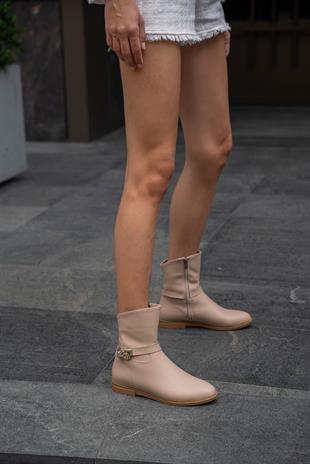 Toka Aksesuarlı Kadın Deri Bot Vizon