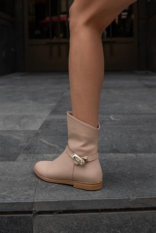 Toka Aksesuarlı Kadın Deri Bot Vizon