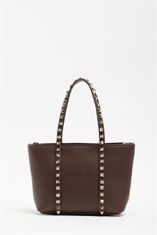 Kahverengi Kadın Küçük Boy Zımba Detaylı PU Deri Tokalı El ve Omuz Çantası