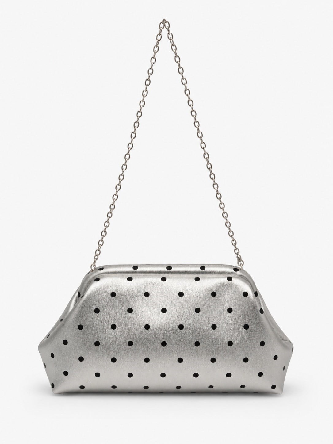 Puantiyeli  Kadın Zincir Askılı Clutch ve Omuz Çantası Gümüş Puantiyeli