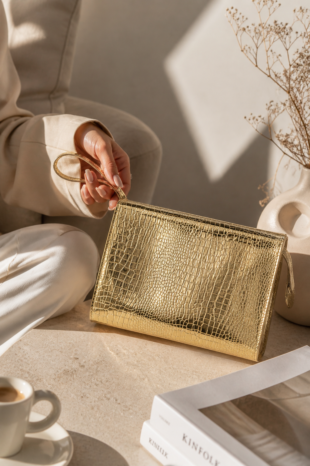 Kadın Portföy Çanta – Şık Tasarım, Günlük & Gece Kullanım Clutch Altın Kroko