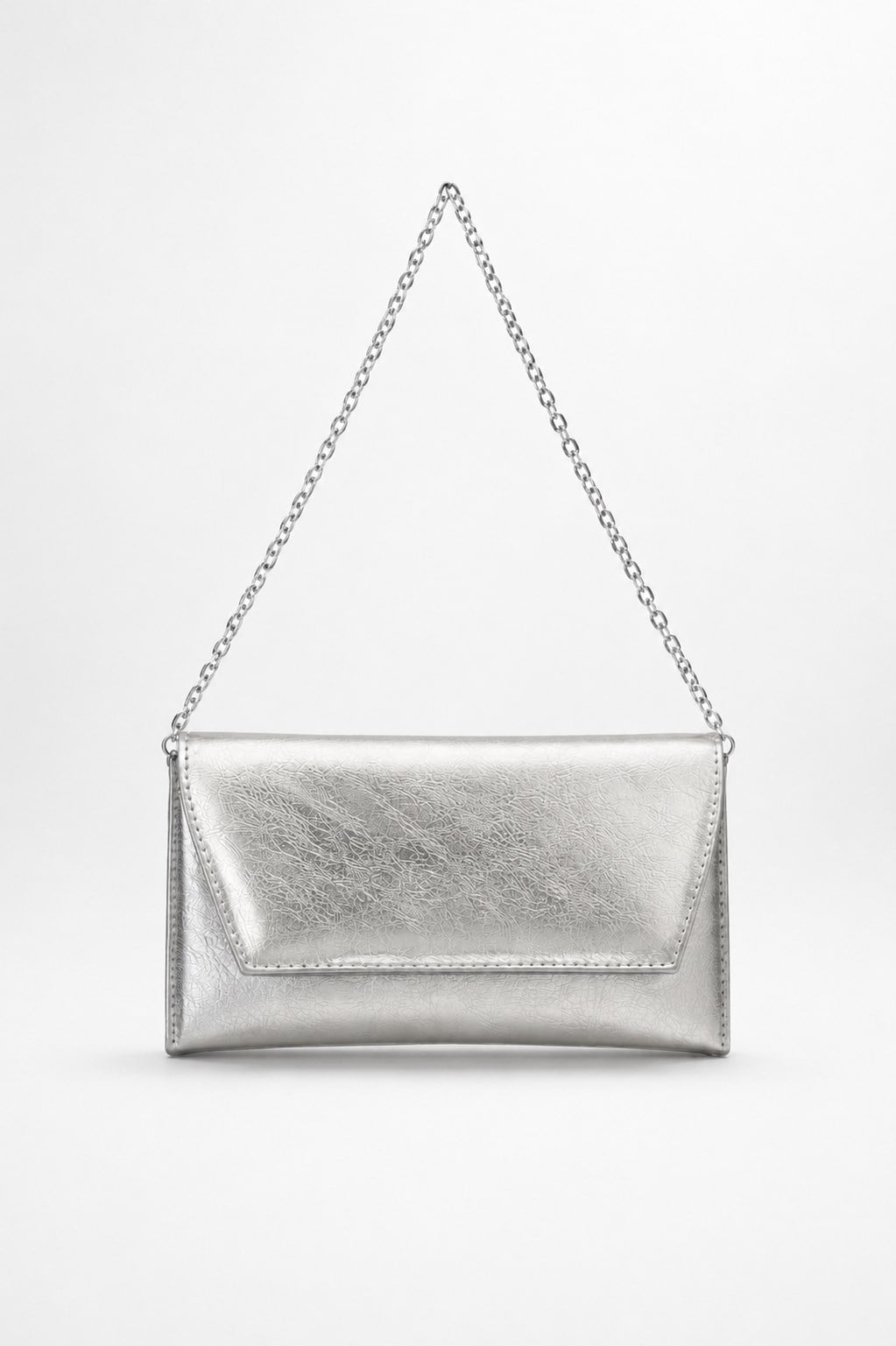 Deri Görünümlü Zincir Askılı Kadın El ve Omuz Çantası – Şık Portföy Clutch Metalik Gümüş