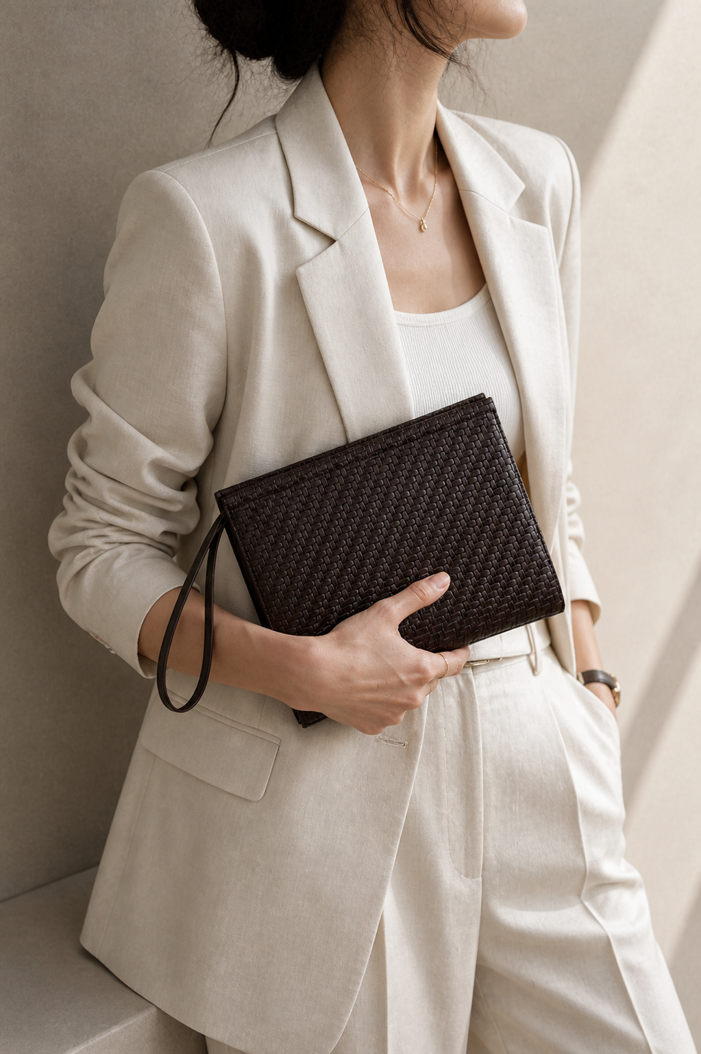 Kadın Portföy Çanta – Şık Tasarım, Günlük & Gece Kullanım Clutch Kahverengi Örgü Desen