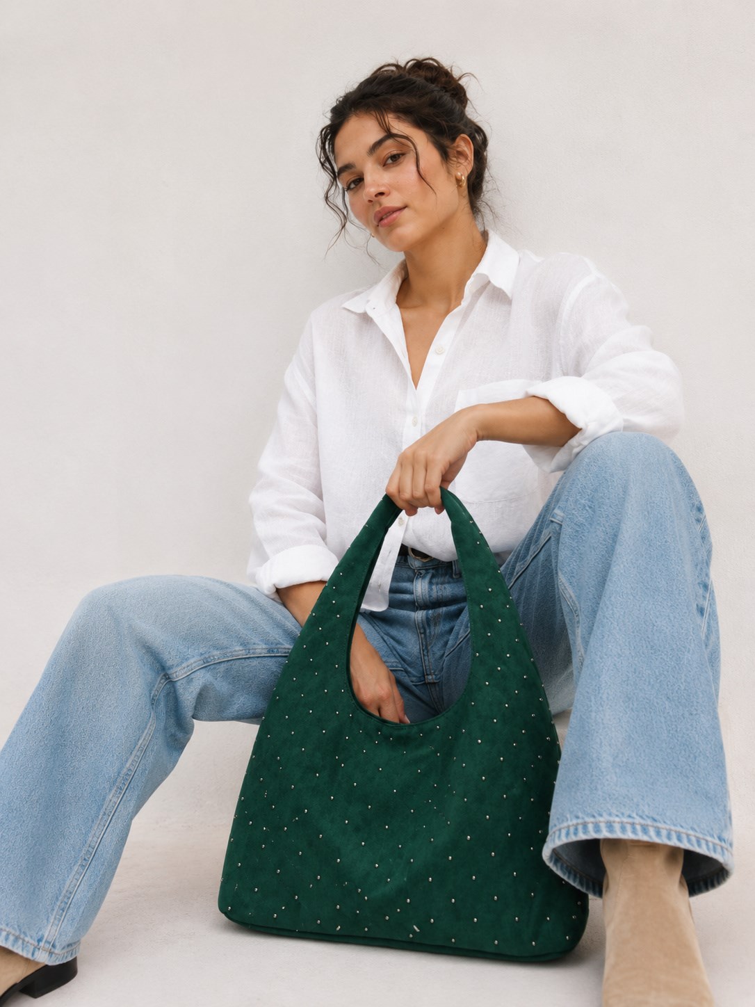 Süet Shopper Yumuşak  Form Omuz Çantası Yeşil