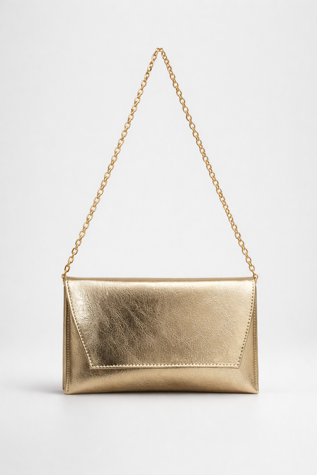 Deri Görünümlü Zincir Askılı Kadın El ve Omuz Çantası – Şık Portföy Clutch Altın