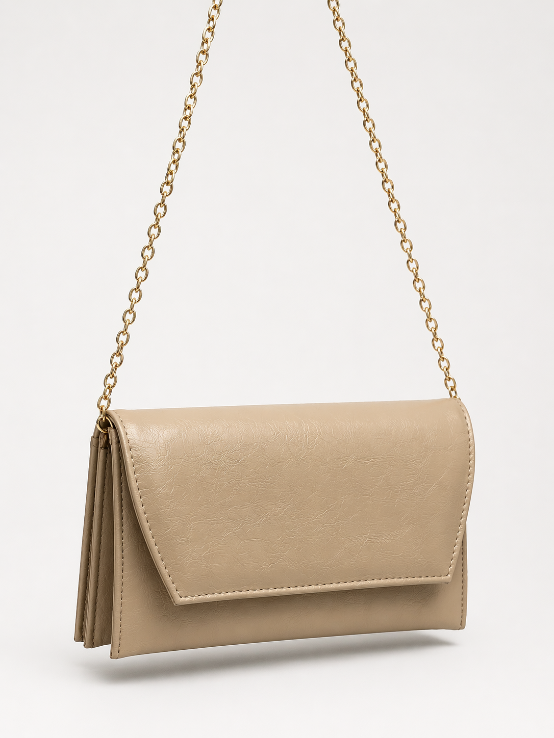 Deri Görünümlü Zincir Askılı Kadın El ve Omuz Çantası – Şık Portföy Clutch Vizon