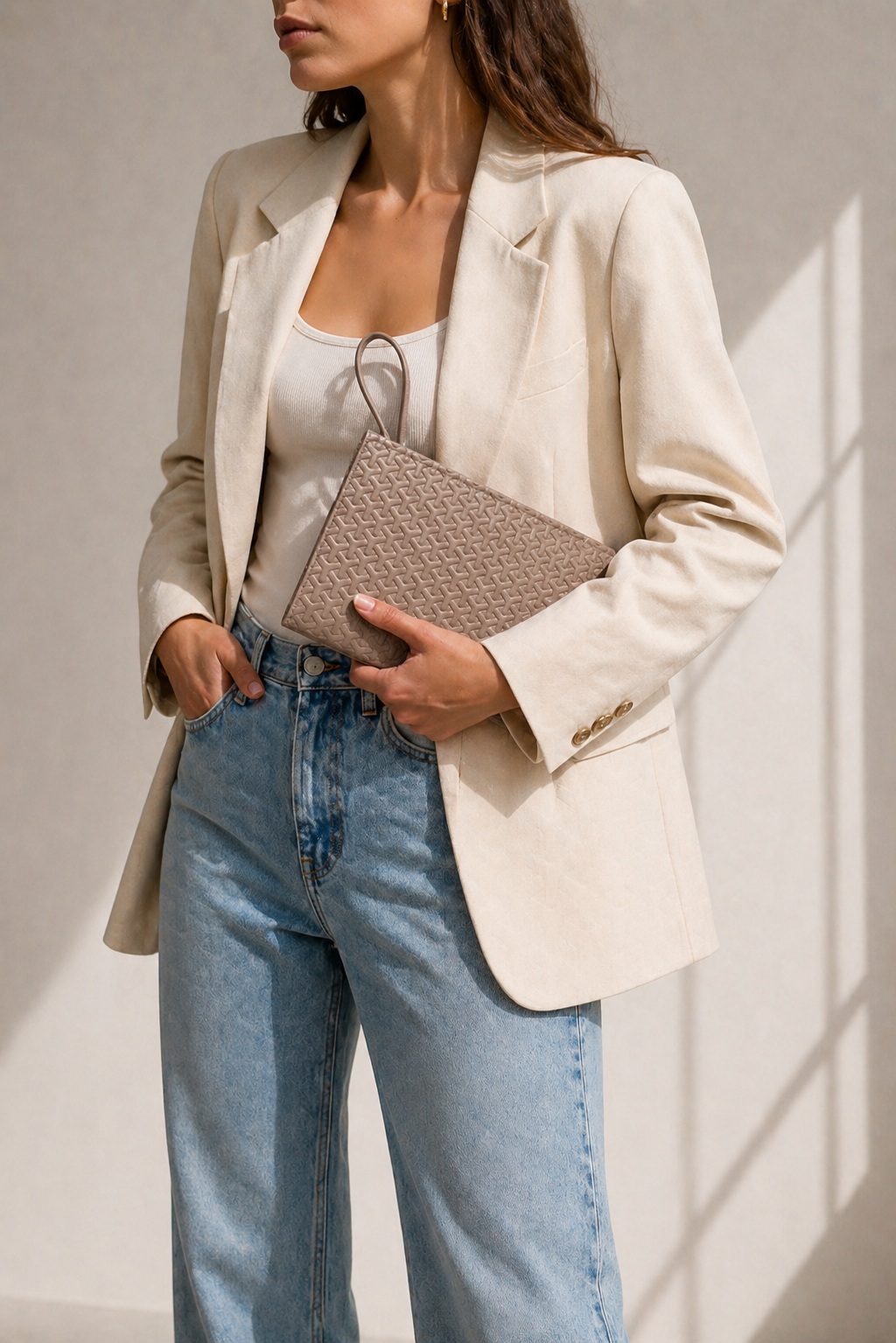 Rugan Dokulu Monogram Desenli El Çantası – Şık & Gece Kombin Uyumlu Clutch Çanta Vizon
