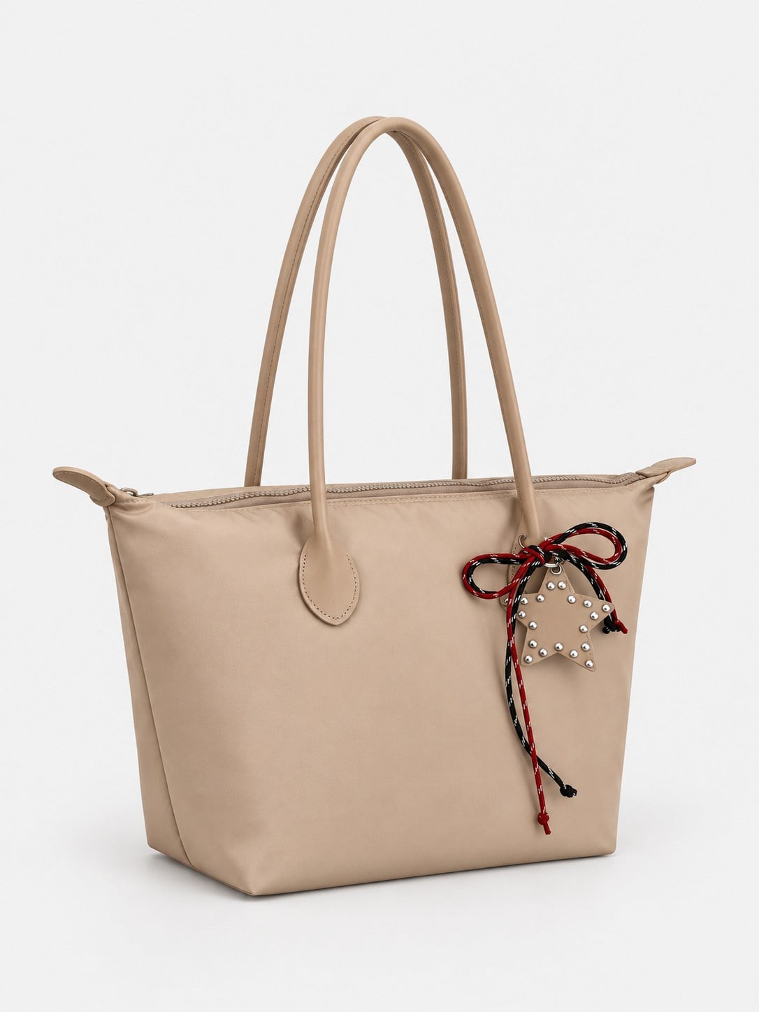 Süslemeli Fermuarlı Shopper Omuz Çantası Vizon