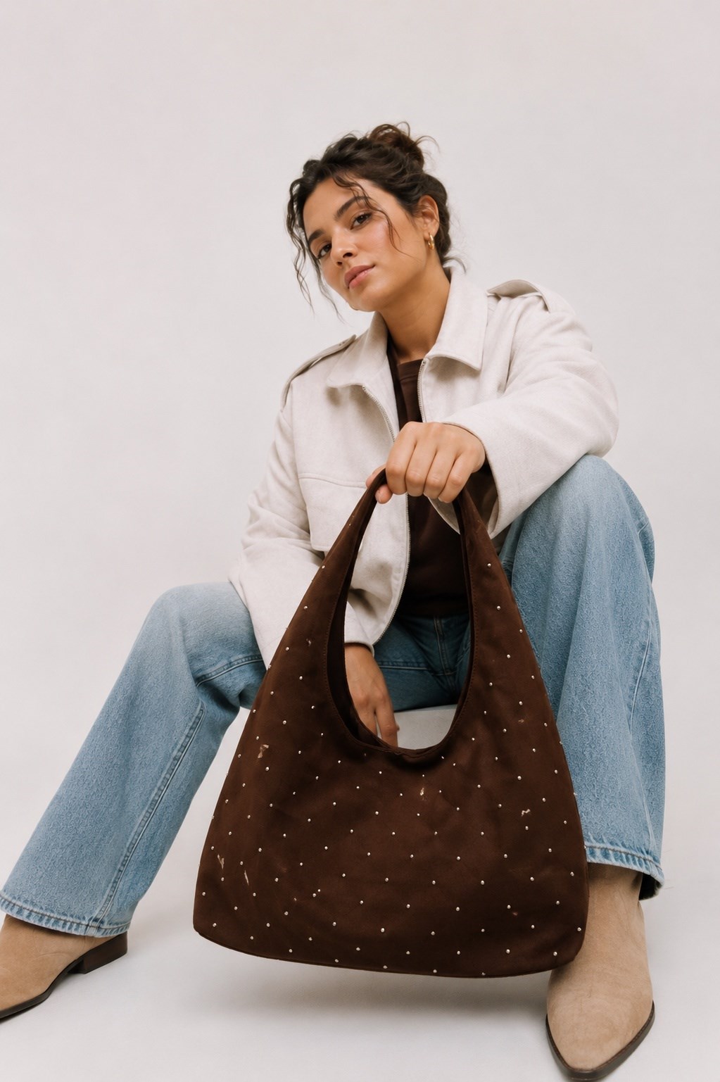 Süet Shopper Yumuşak  Form Omuz Çantası Kahverengi