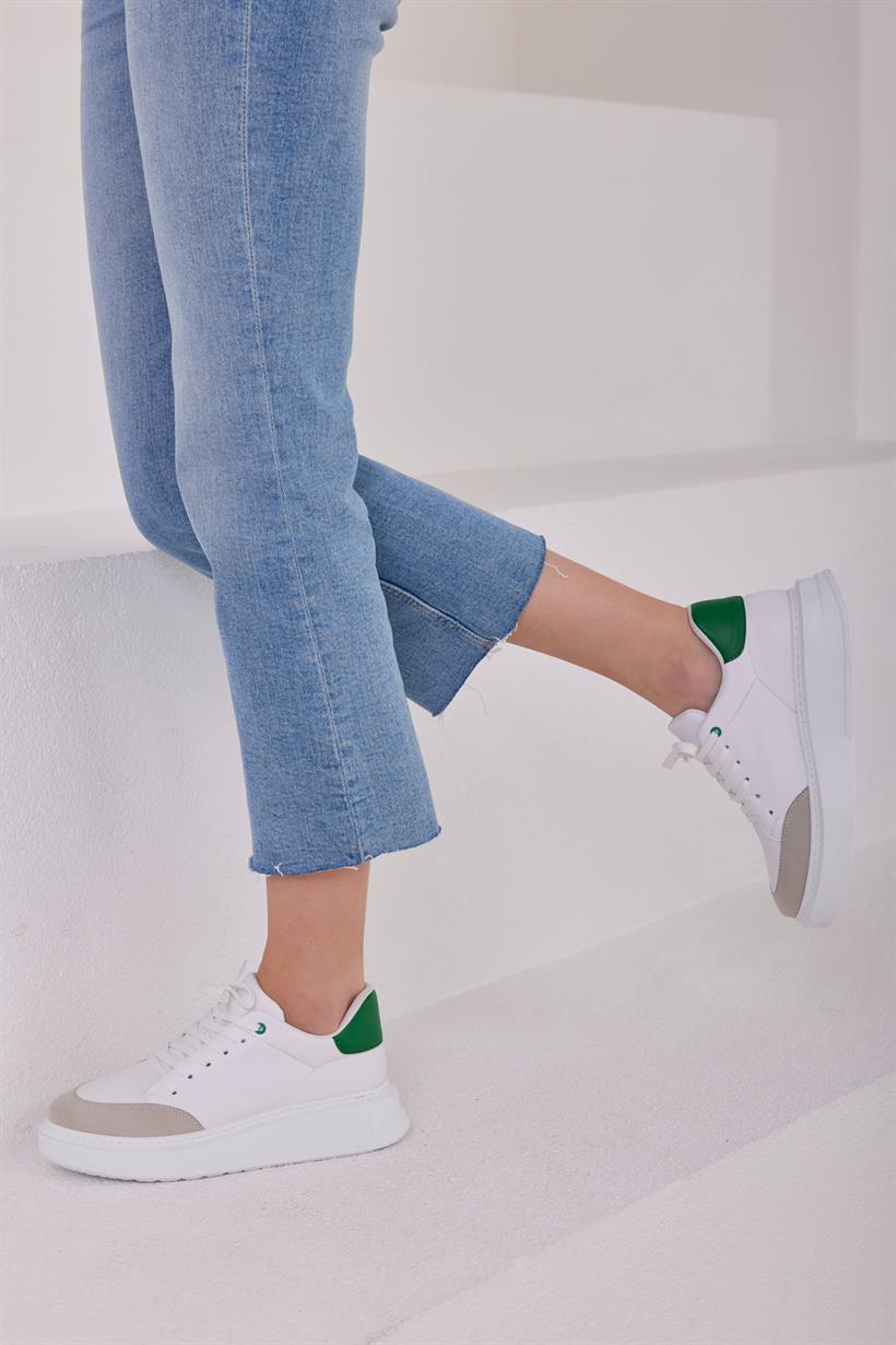 Beyaz-Yeşil Kadın Bağcıklı Kalın Tabanlı Sneaker Ve Spor Ayakkabı