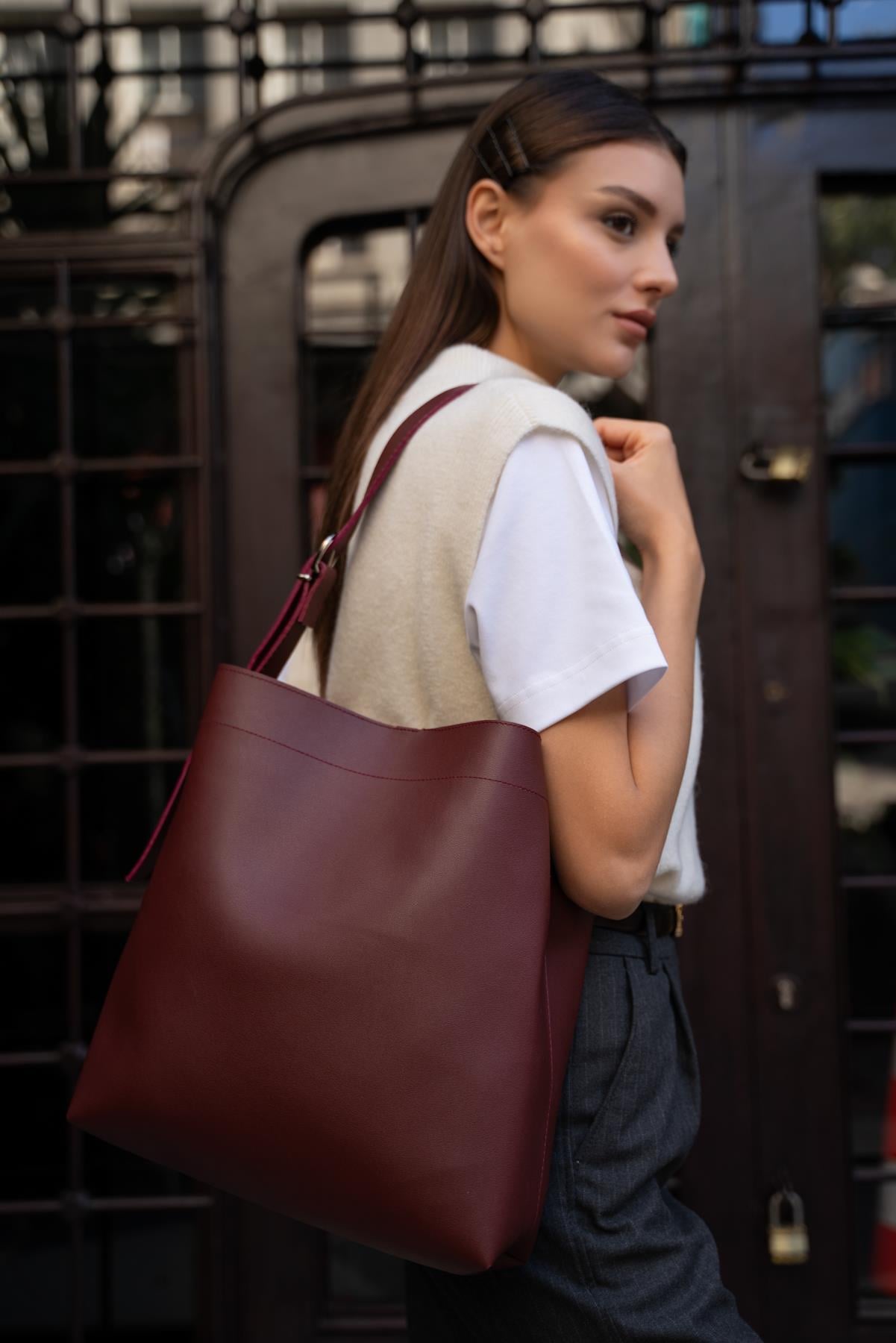 Bordo Kadın Kısa Saplı Shopper Çanta