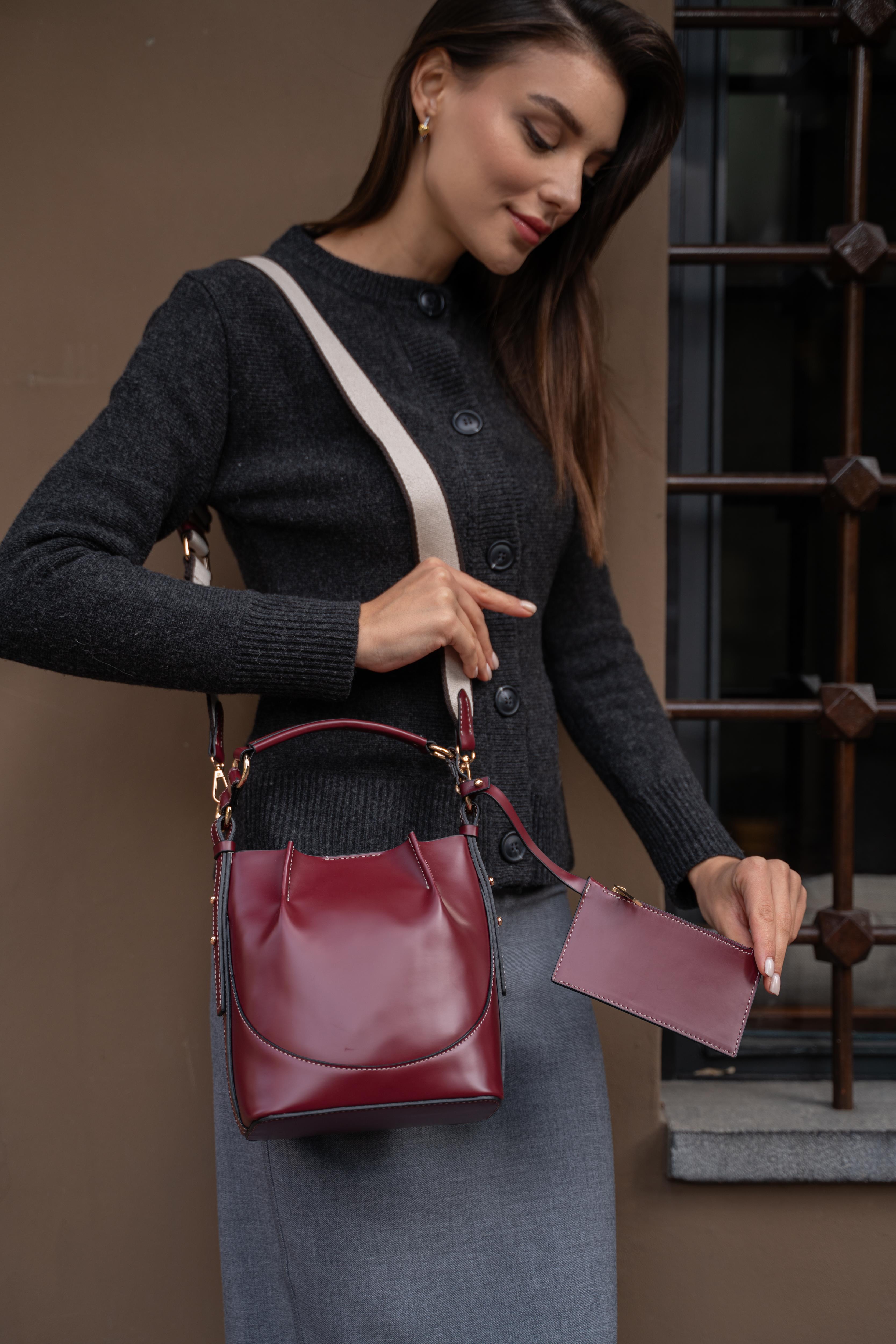 Bordo Kadın Üst Dikişli Cüzdanlı Bucket Çanta