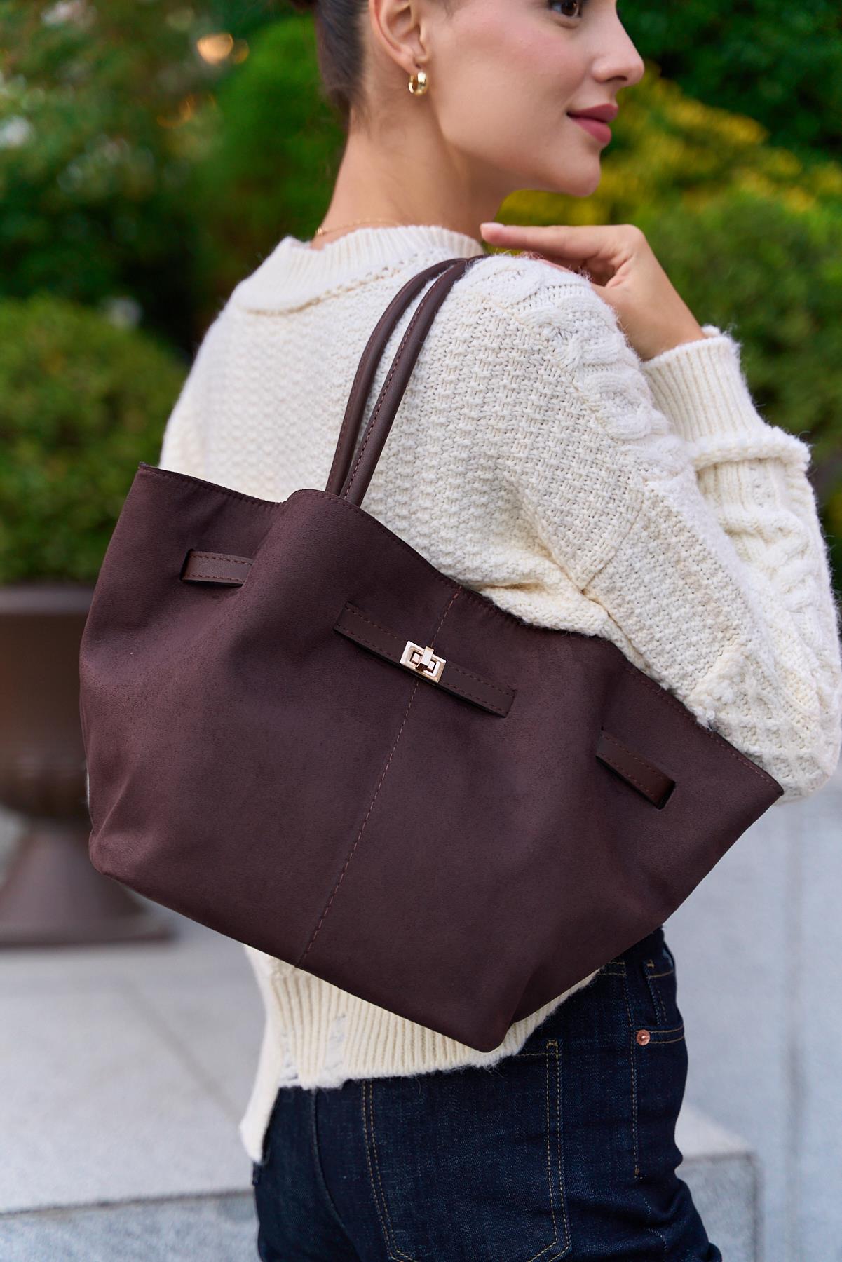 Büzgü Detay Klipsli Süet El Ve Omuz Çantası Kahverengi Süet