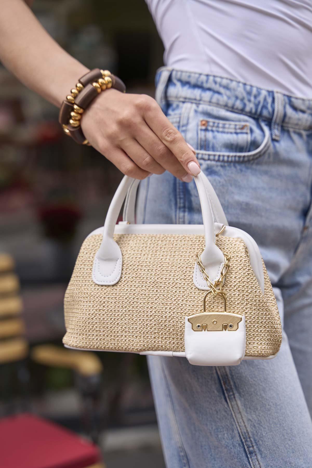 Hasır Dokulu Mini El Çantası Beyaz