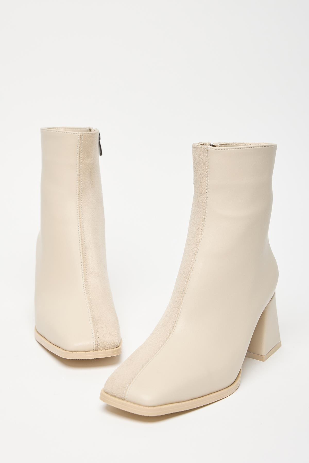 Kadın Bej Süet Bot & Bootie Küt Burun Topuklu Kontrast PU Deri Fermuarlı Şık