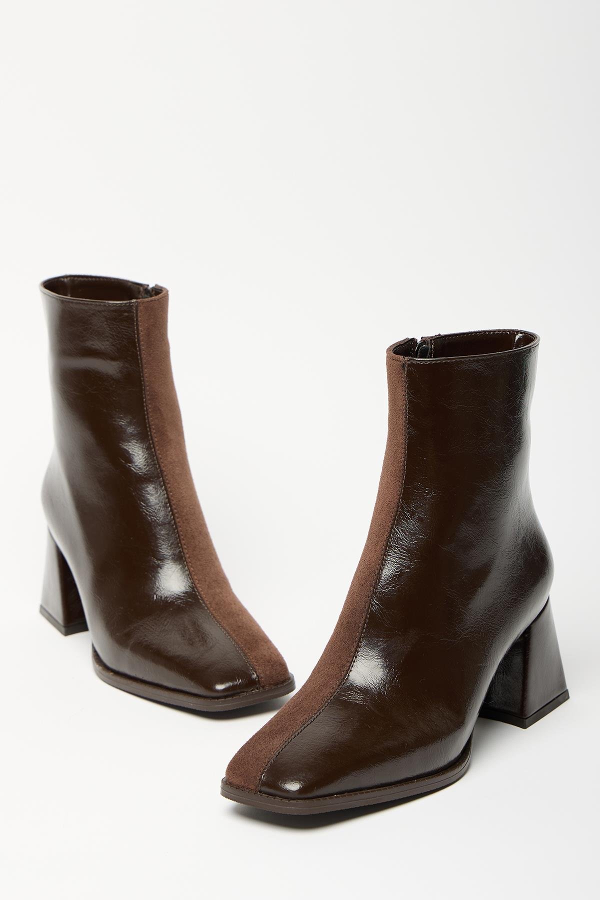 Kadın Kahverengi Rugan Süet Bot & Bootie Küt Burun Topuklu Kontrast PU Deri Fermuarlı Şık