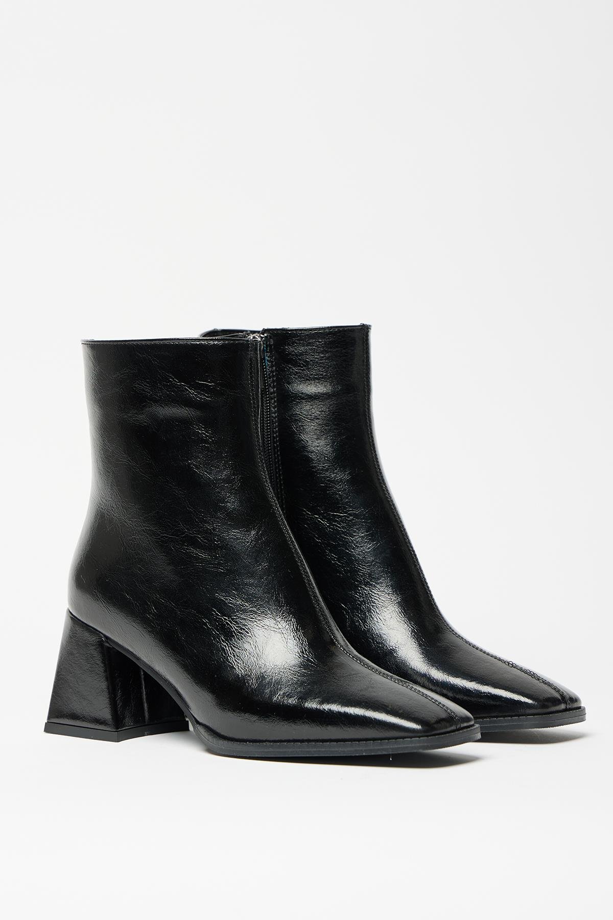Kadın Siyah Rugan  Bot & Bootie Küt Burun Topuklu Kontrast PU Deri Fermuarlı Şık