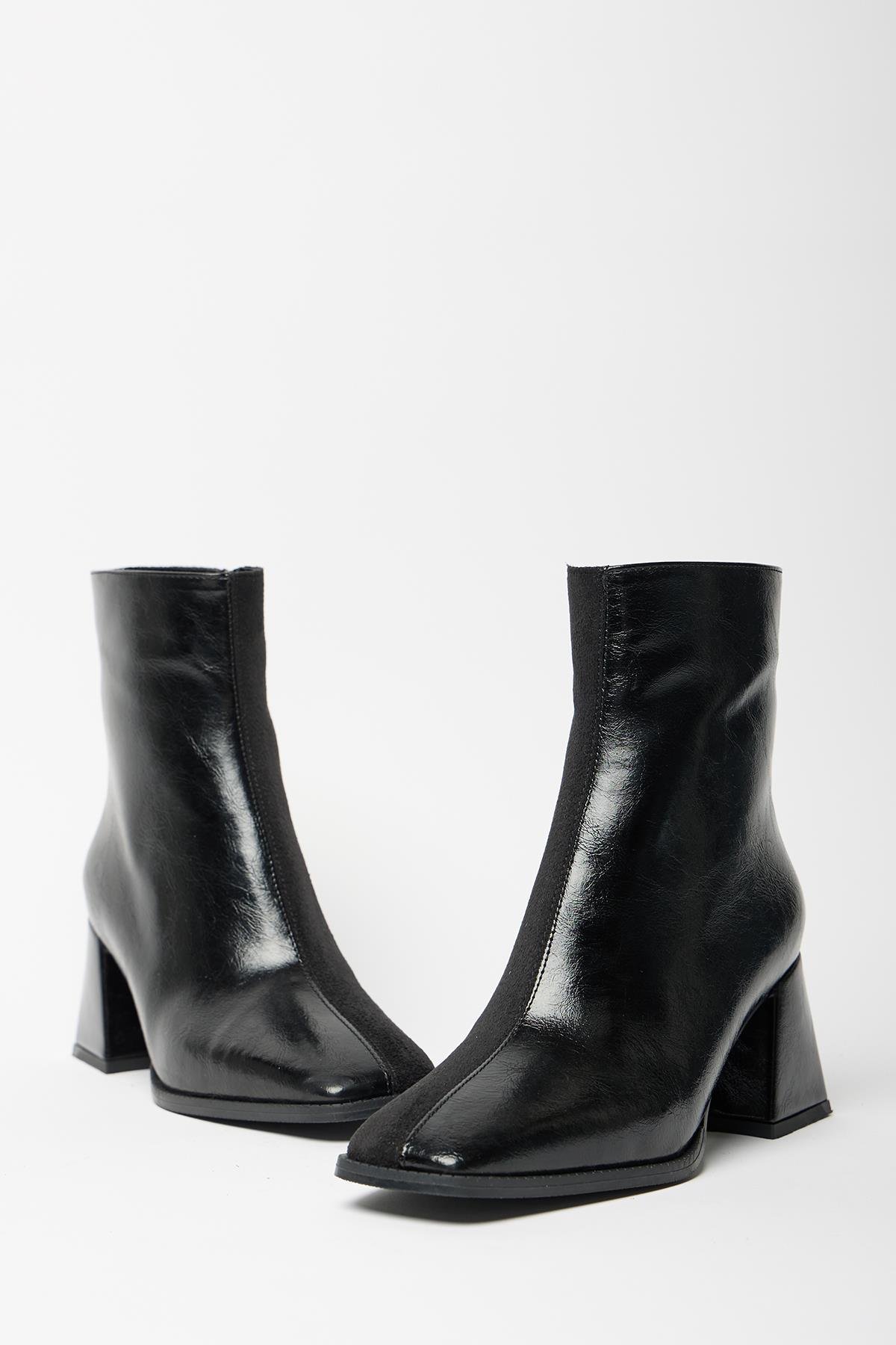 Kadın Siyah Rugan Süet Bot & Bootie Küt Burun Topuklu Kontrast PU Deri Fermuarlı Şık