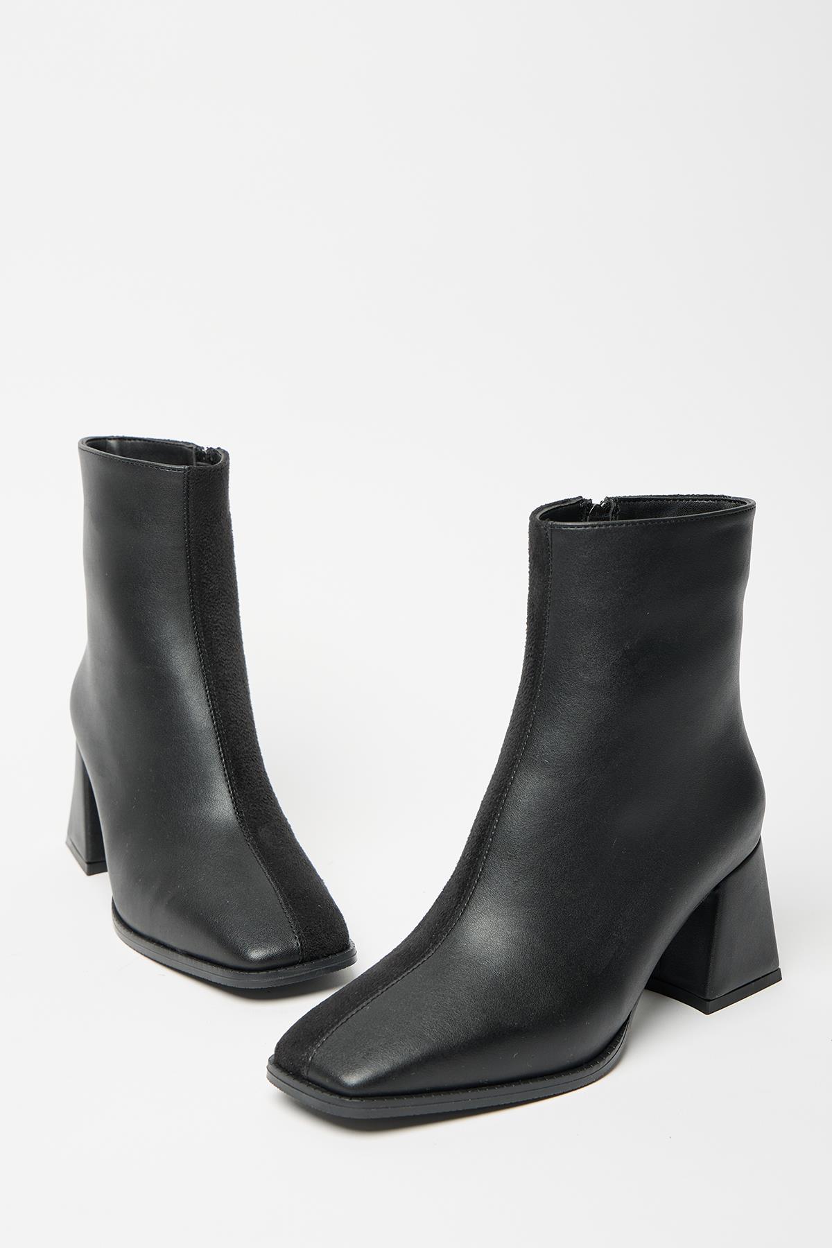 Kadın Siyah Süet Bot & Bootie Küt Burun Topuklu Kontrast PU Deri Fermuarlı Şık