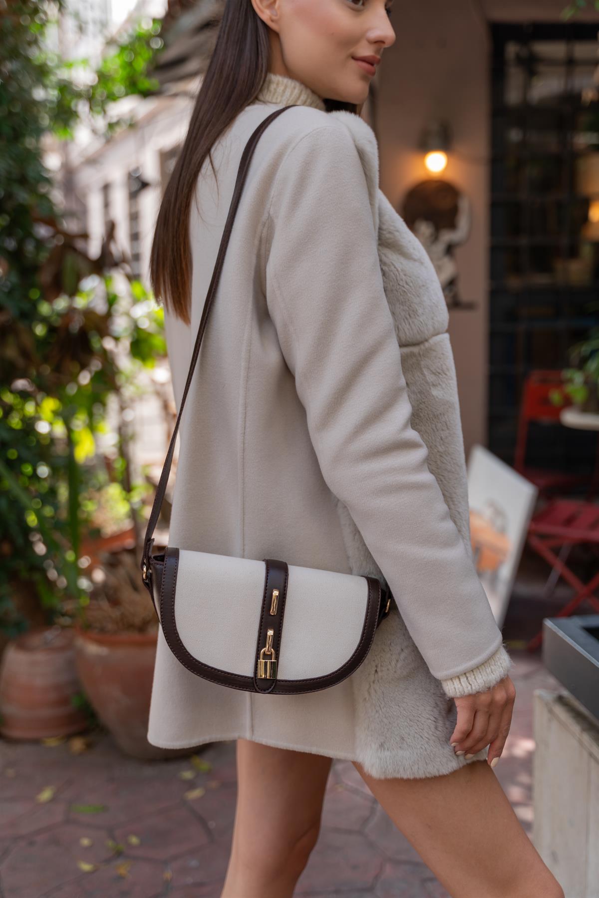Kahverengi Krem Kadın Kontrast Tasarım Çapraz Askılı Çanta