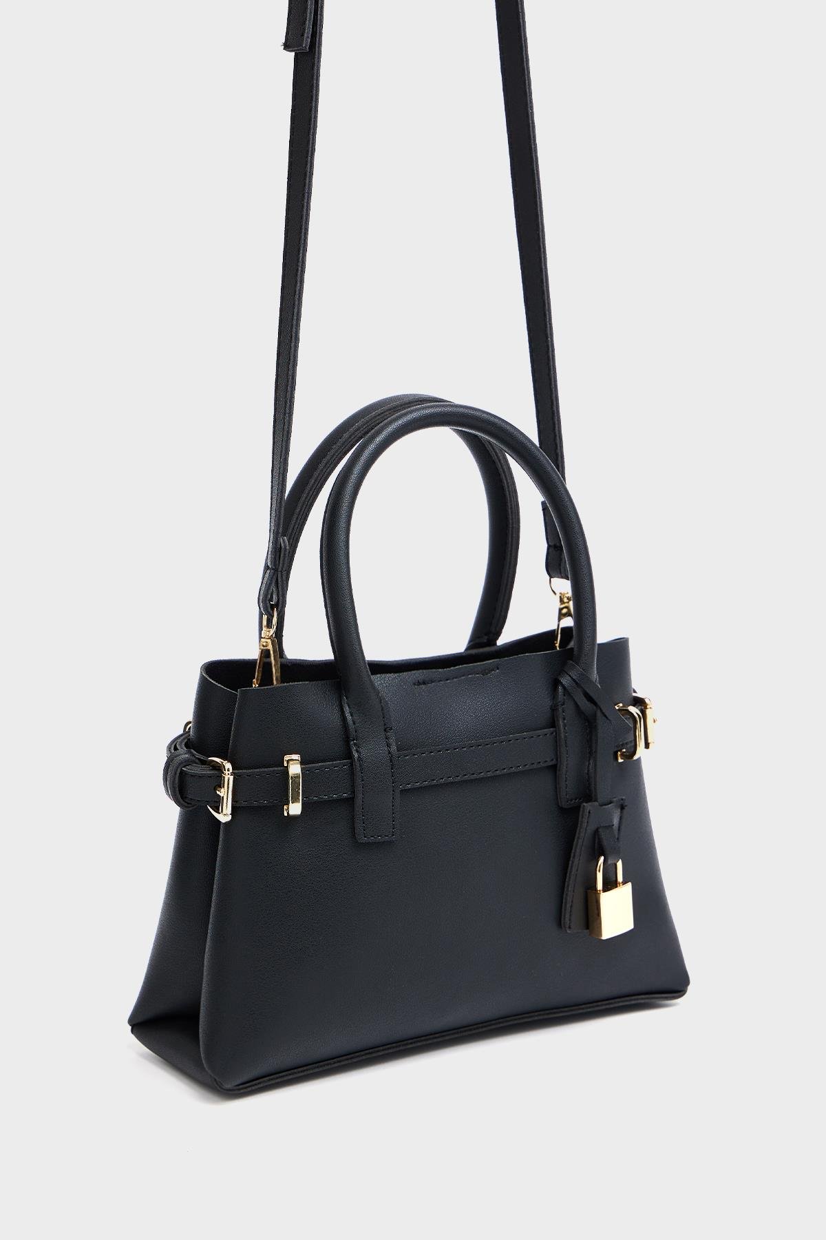 Mini Kilit Detaylı El ve Omuz Çantası Siyah